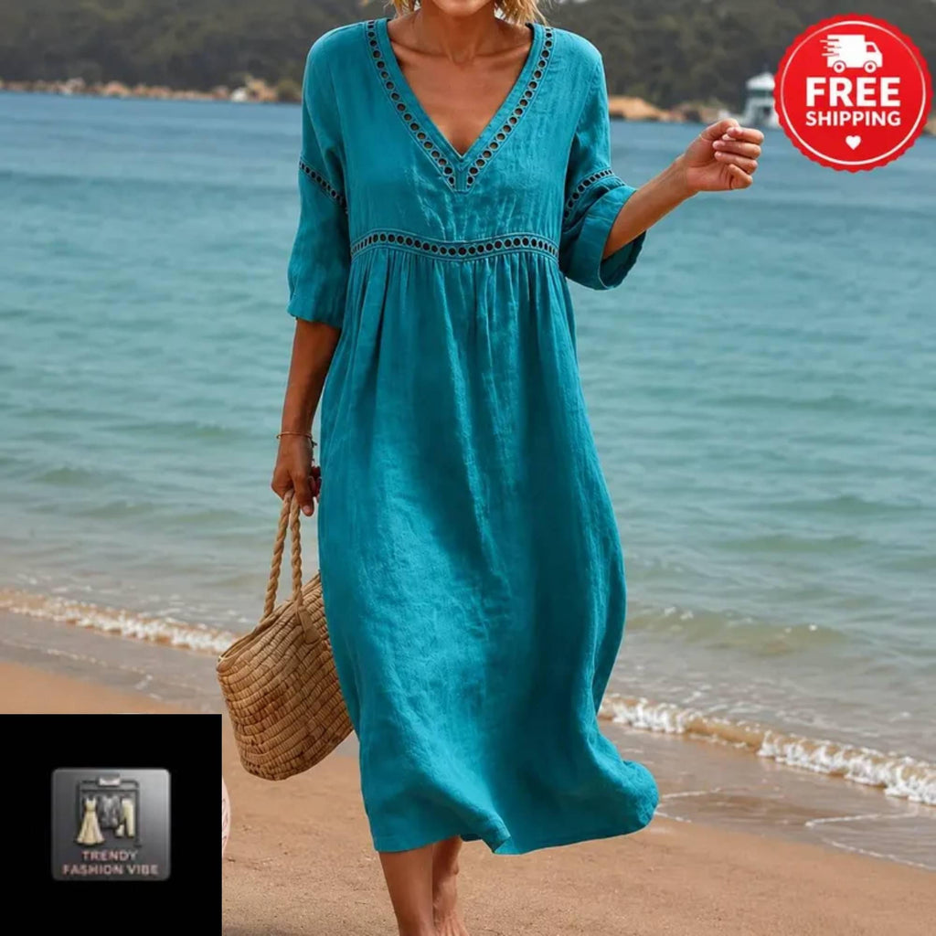 Boho Maxi Dress for Women Elegant Holiday Loose Fit V Neck Dress  Resort Wear