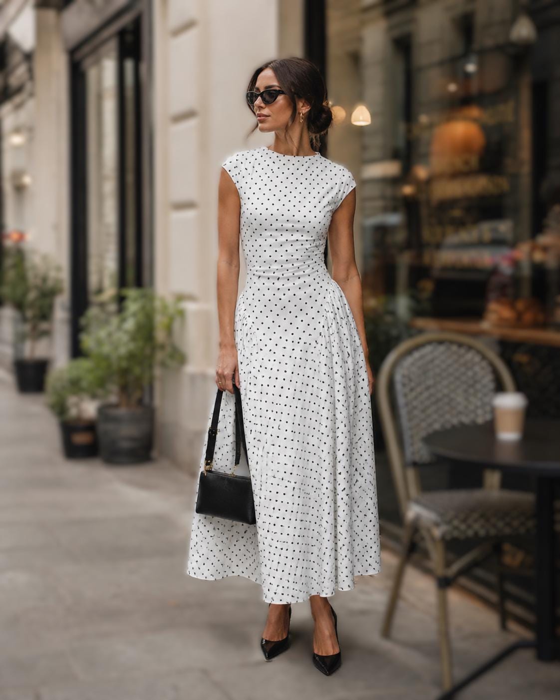 Polka Dot Midi Dress | Vintage Cap Sleeve Summer Dress | Elegant Wedding Guest Party Outfit | Parisian Chic Dress