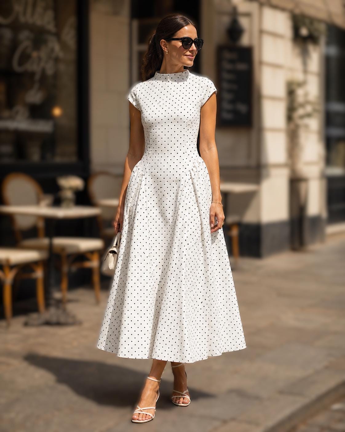 Polka Dot Midi Dress | Vintage Cap Sleeve Summer Dress | Elegant Wedding Guest Party Outfit | Parisian Chic Dress