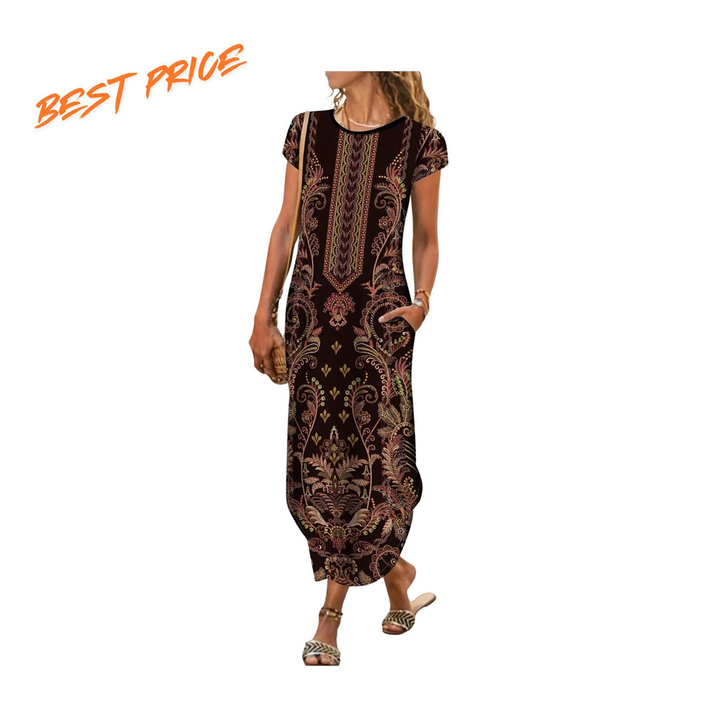 Elegant Printed Maxi Dress For Women Short Sleeve Loose Casual Summer Fashion Wear