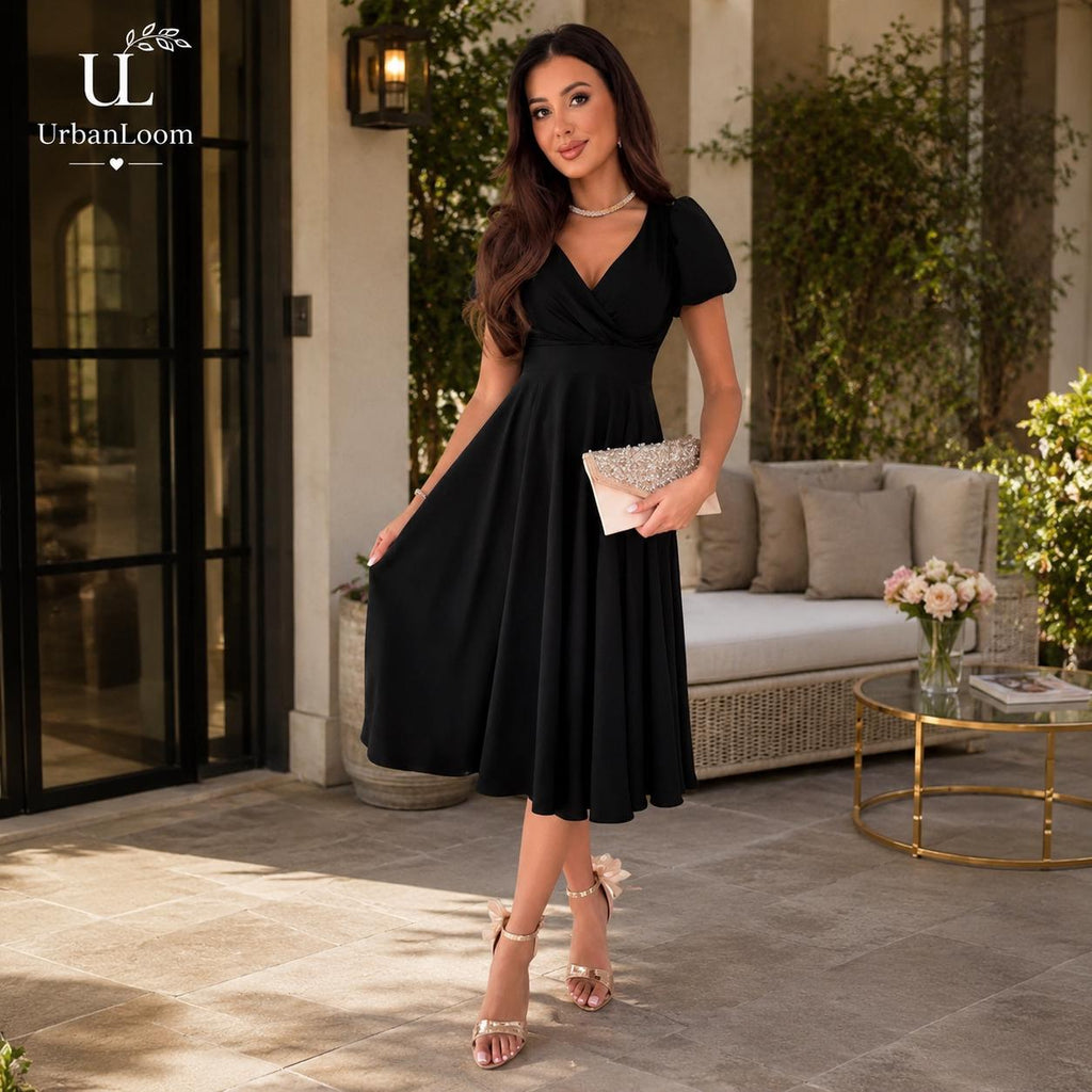 Deep V-Neck Maxi Dress – Puff Sleeve Waist Tie Flowy A-Line Summer Dress