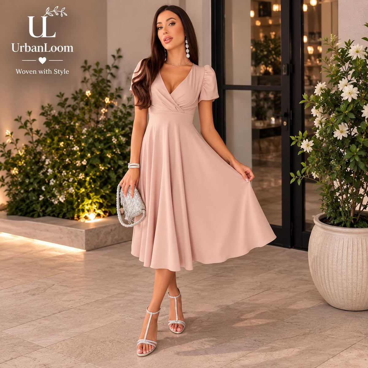 Deep V-Neck Maxi Dress – Puff Sleeve Waist Tie Flowy A-Line Summer Dress