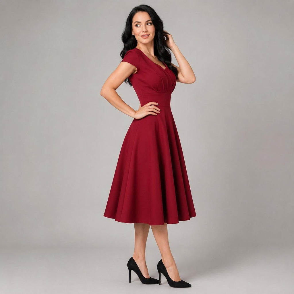 Vintage Midi Dress V Neck Cap Sleeve | 1950s Retro Swing Dress | Party Office Cocktail Dress for Women | Classic Feminine Silhouette