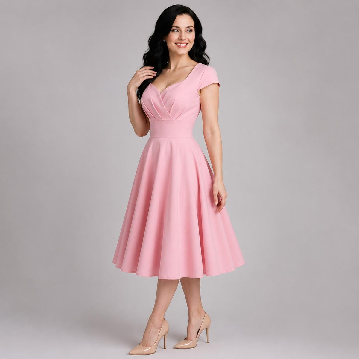 Vintage Midi Dress V Neck Cap Sleeve | 1950s Retro Swing Dress | Party Office Cocktail Dress for Women | Classic Feminine Silhouette