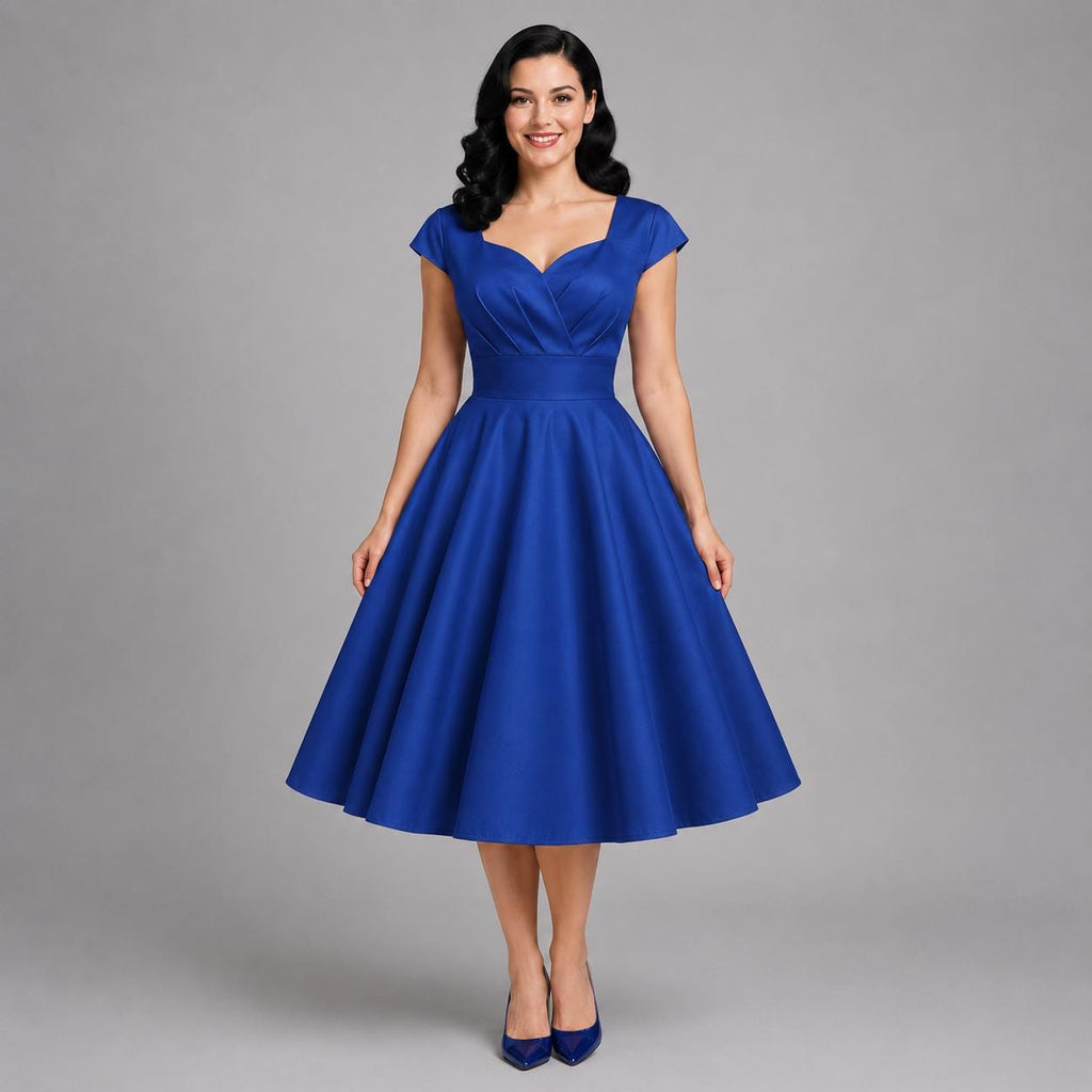 Vintage Midi Dress V Neck Cap Sleeve | 1950s Retro Swing Dress | Party Office Cocktail Dress for Women | Classic Feminine Silhouette