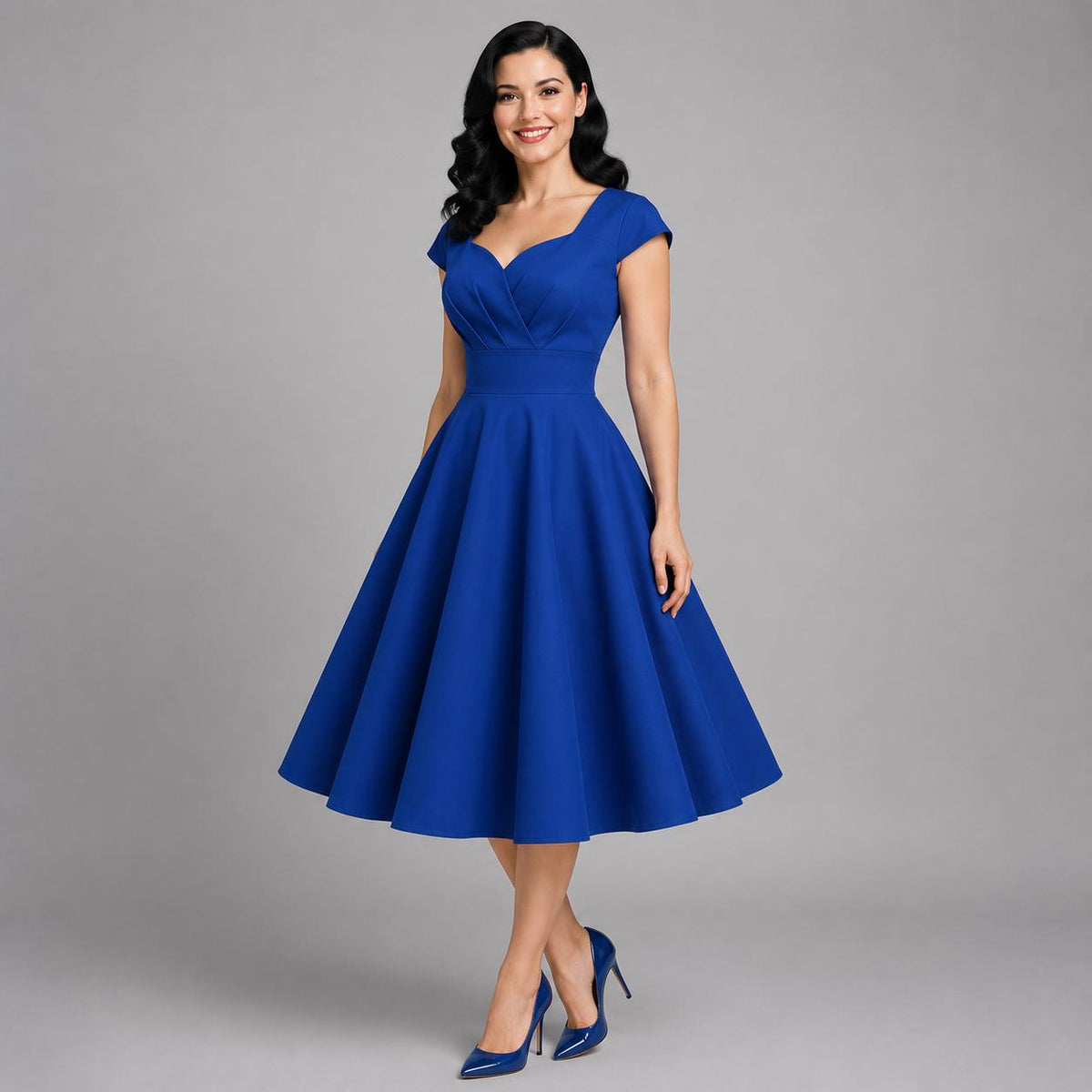 Vintage Midi Dress V Neck Cap Sleeve | 1950s Retro Swing Dress | Party Office Cocktail Dress for Women | Classic Feminine Silhouette