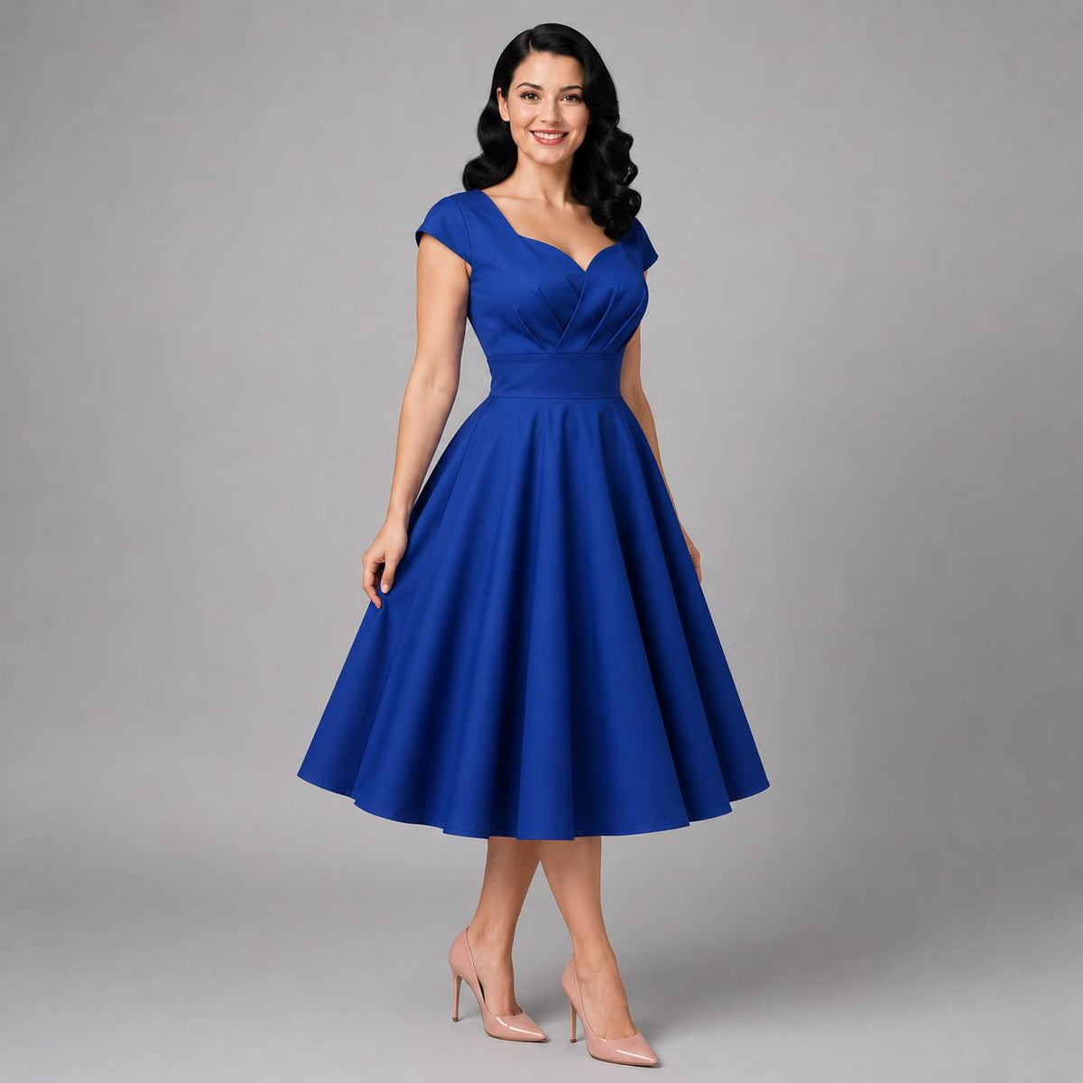 Vintage Midi Dress V Neck Cap Sleeve | 1950s Retro Swing Dress | Party Office Cocktail Dress for Women | Classic Feminine Silhouette