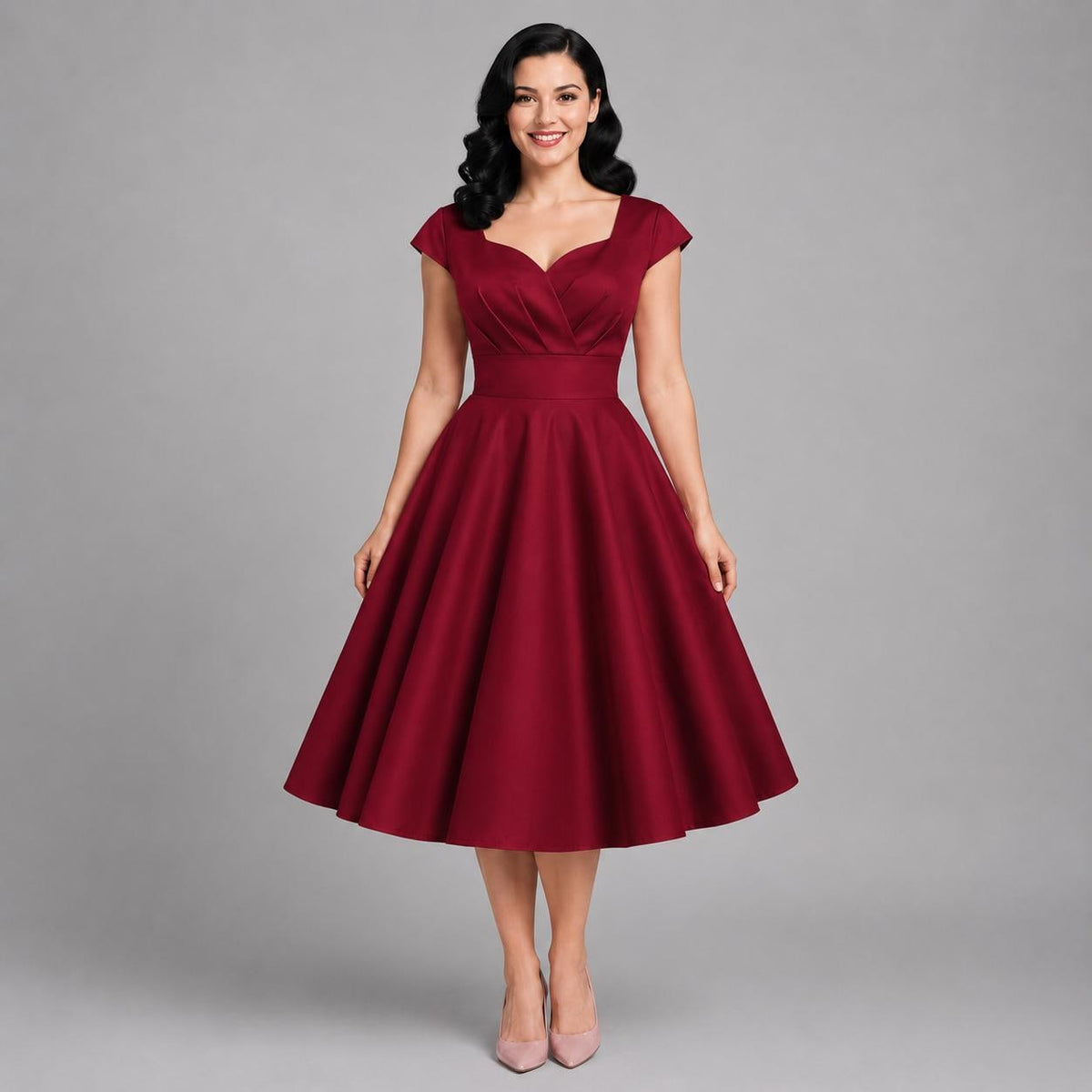 Vintage Midi Dress V Neck Cap Sleeve | 1950s Retro Swing Dress | Party Office Cocktail Dress for Women | Classic Feminine Silhouette