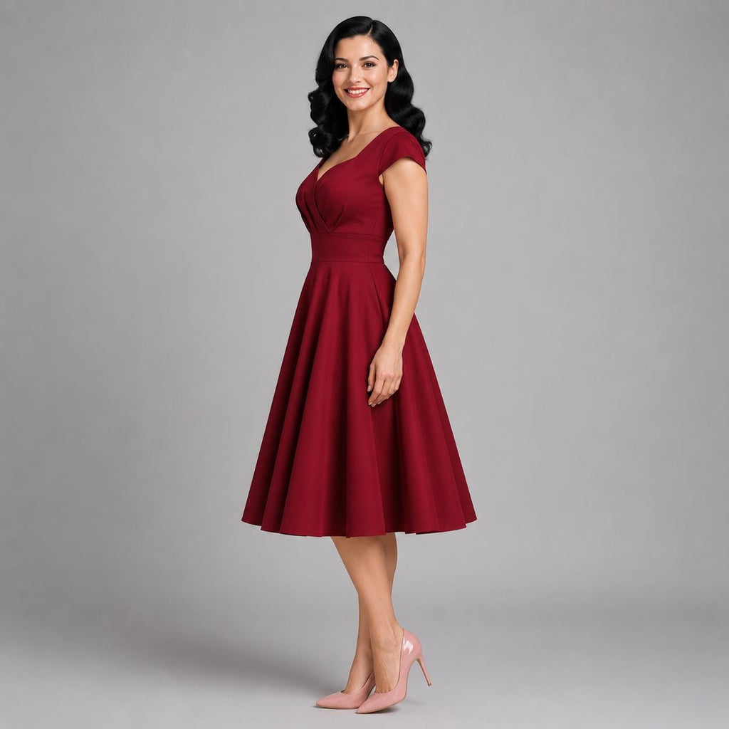 Vintage Midi Dress V Neck Cap Sleeve | 1950s Retro Swing Dress | Party Office Cocktail Dress for Women | Classic Feminine Silhouette