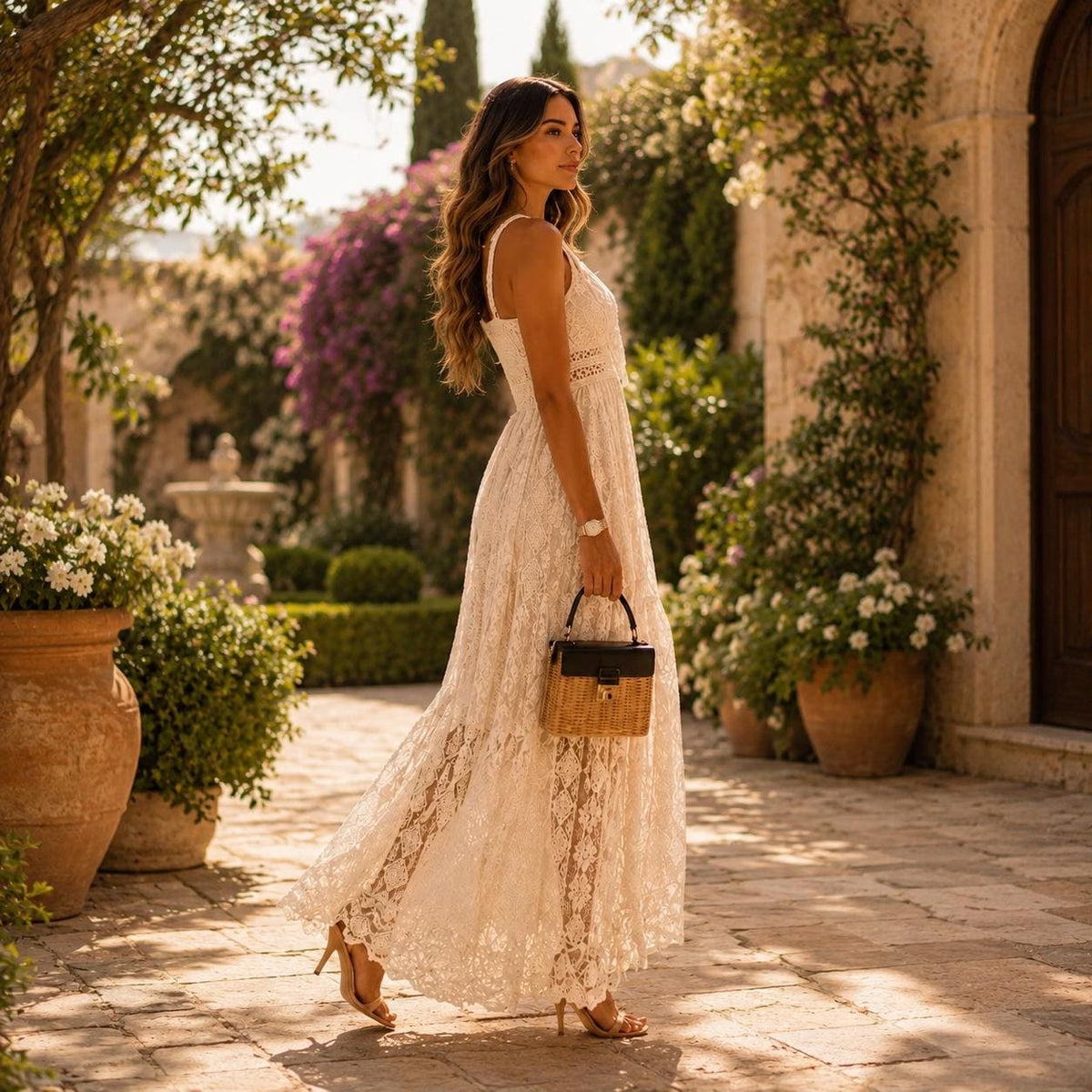 Boho Lace Maxi Dress – V-Neck Sleeveless Summer Resort Wear
