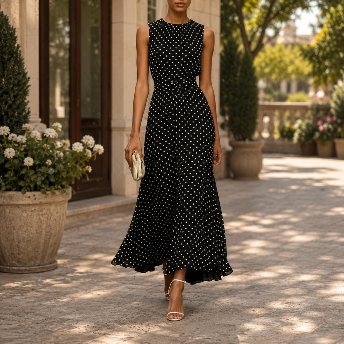 Women's Sleeveless Polka Dot Dress Elegant Maxi Dress Chic Resort Vacation Party Outfit Fashion