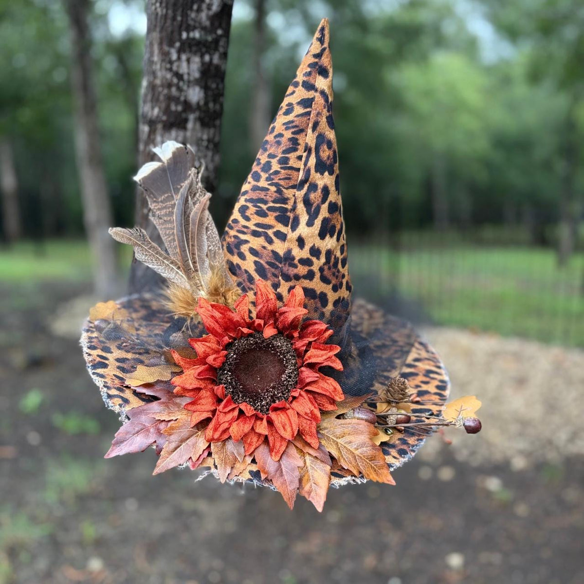 Lady Maple Leopard Fall Witch Hat, Autumn Sunflower Witchy Wear, Gothic Statement, OOAK Headpiece
