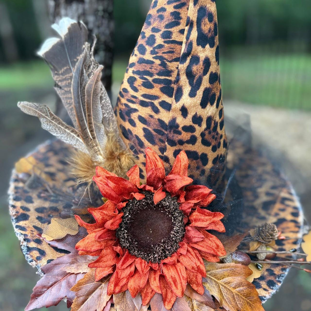 Lady Maple Leopard Fall Witch Hat, Autumn Sunflower Witchy Wear, Gothic Statement, OOAK Headpiece