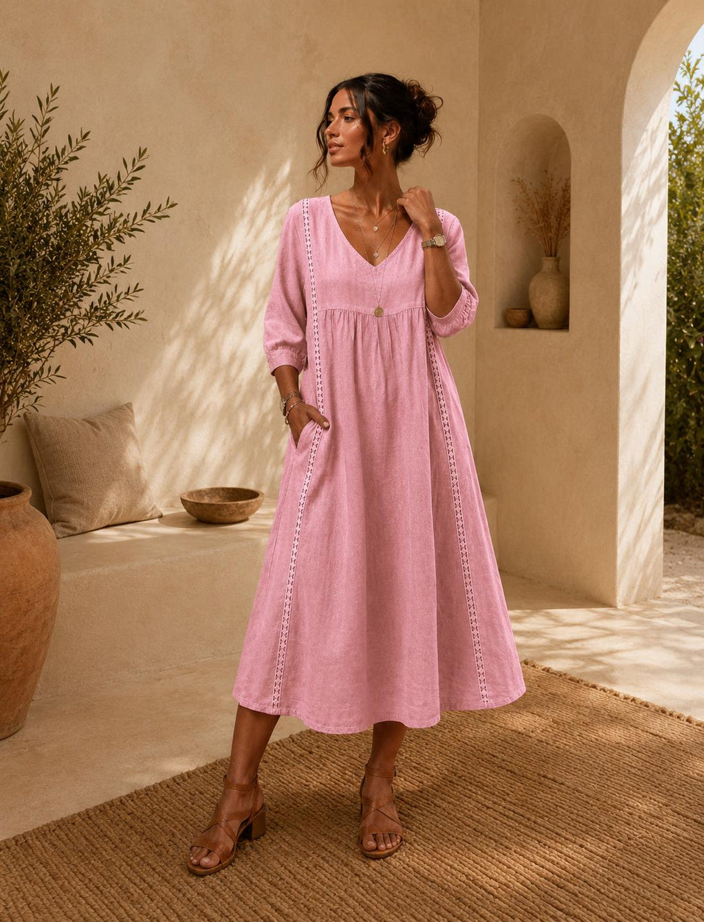 Women's Midi Dress, Casual Summer Dress, Relaxed fit , Women's Casual Midi Dress, Relaxed Fit V-Neck Summer Dress, Boho Everyday Outfit