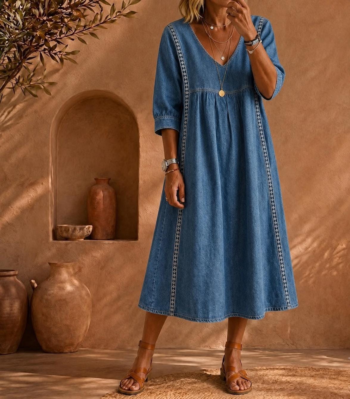 Women's Midi Dress, Casual Summer Dress, Relaxed fit , Women's Casual Midi Dress, Relaxed Fit V-Neck Summer Dress, Boho Everyday Outfit