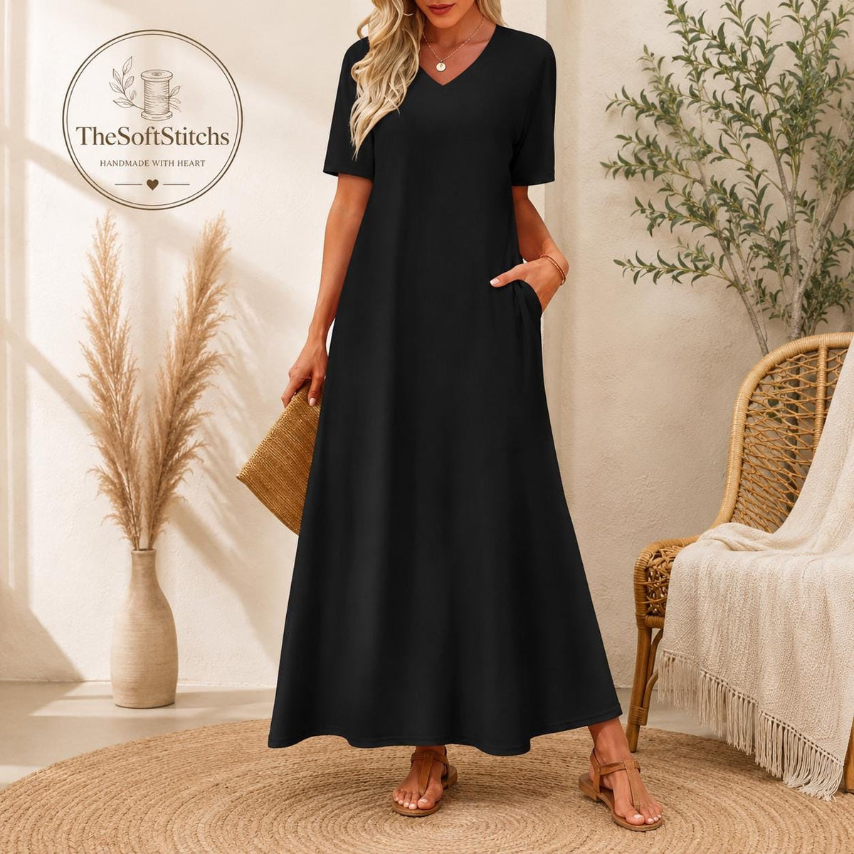 Women's Elegant Maxi Dress V Neck Casual Short Sleeve Comfortable Summer Daily Wear Outfit