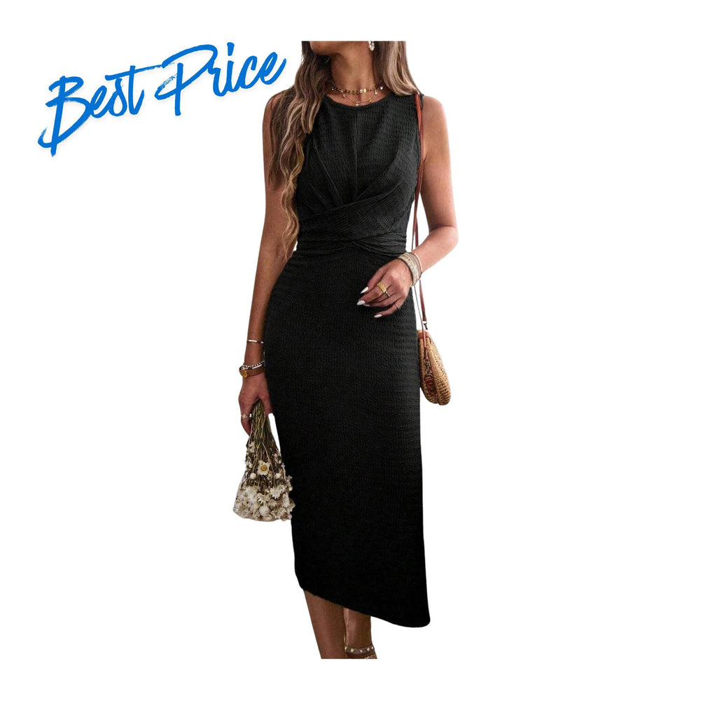 Women's Elegant Sleeveless Bodycon Midi Dress Ruched Waist Split Hem Summer Party Cocktail Dress