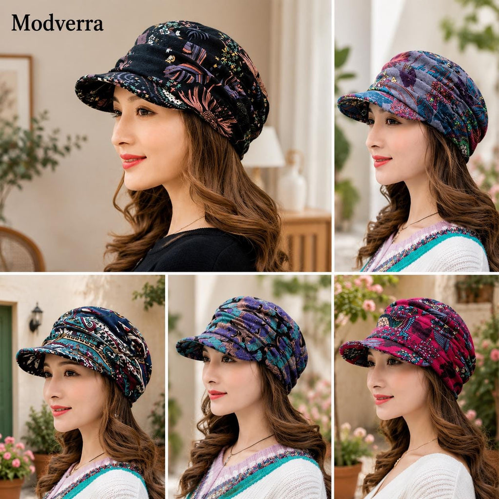 Women's Floral Cap with Ear Flaps, Warm Foldable Peaked Hat, Ethnic Print Short Brim Hat, Cozy Cold Weather Gift