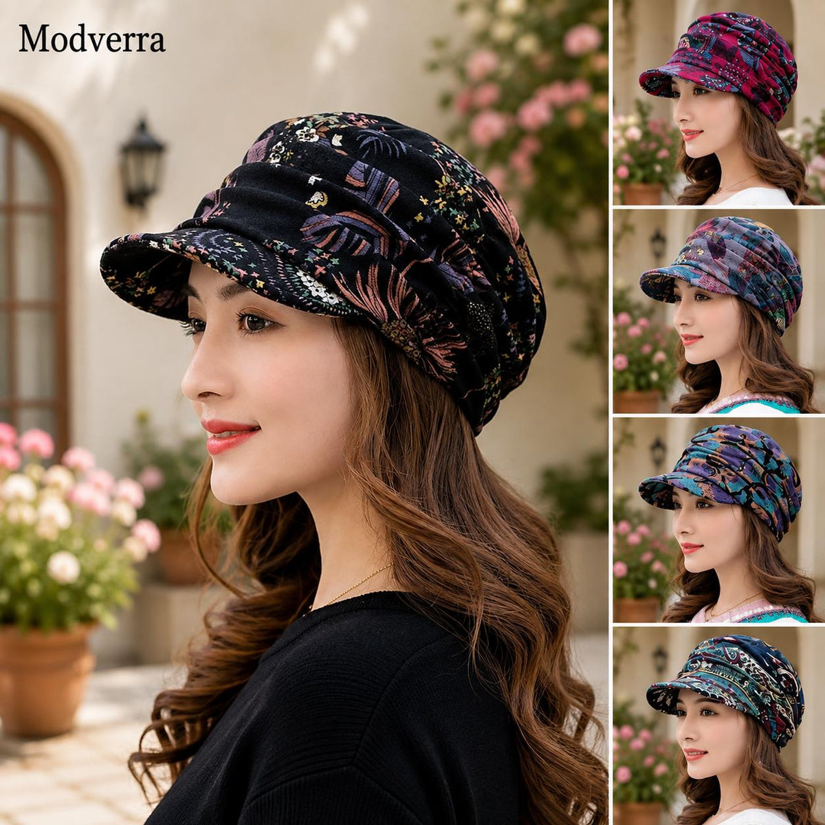 Women's Floral Cap with Ear Flaps, Warm Foldable Peaked Hat, Ethnic Print Short Brim Hat, Cozy Cold Weather Gift