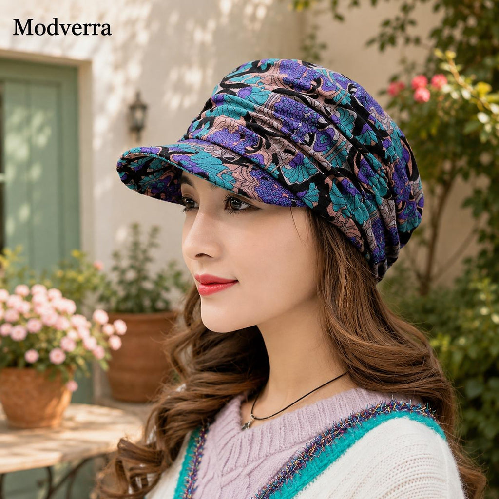 Women's Floral Cap with Ear Flaps, Warm Foldable Peaked Hat, Ethnic Print Short Brim Hat, Cozy Cold Weather Gift