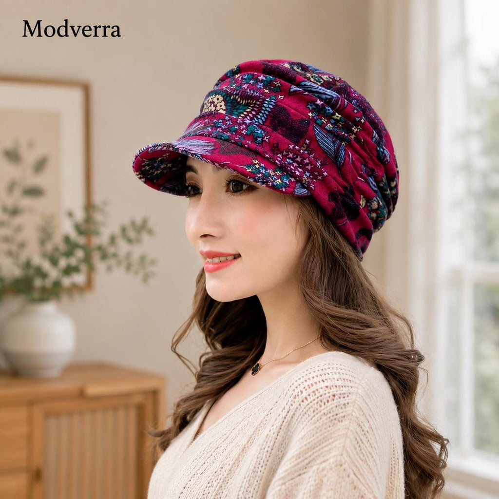 Women's Floral Cap with Ear Flaps, Warm Foldable Peaked Hat, Ethnic Print Short Brim Hat, Cozy Cold Weather Gift