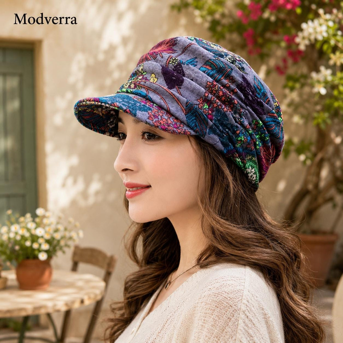 Women's Floral Cap with Ear Flaps, Warm Foldable Peaked Hat, Ethnic Print Short Brim Hat, Cozy Cold Weather Gift