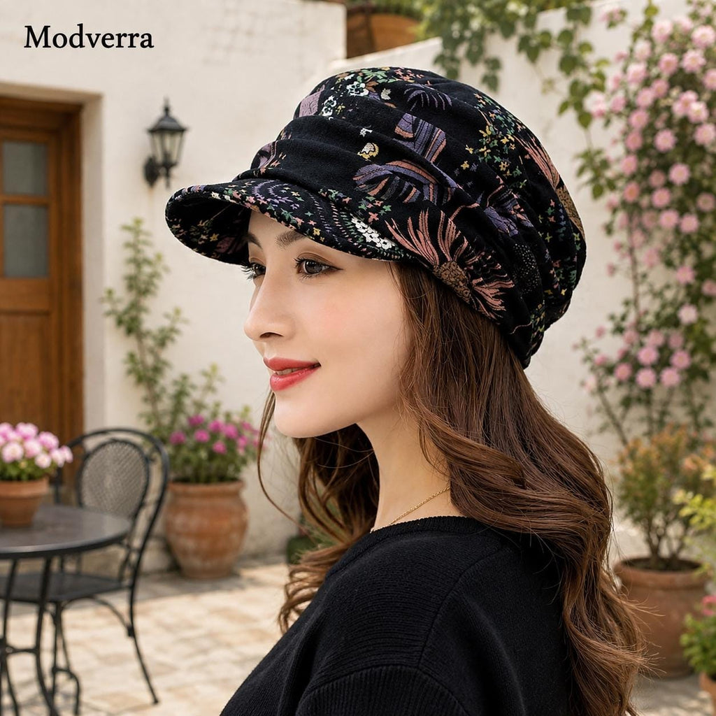 Women's Floral Cap with Ear Flaps, Warm Foldable Peaked Hat, Ethnic Print Short Brim Hat, Cozy Cold Weather Gift