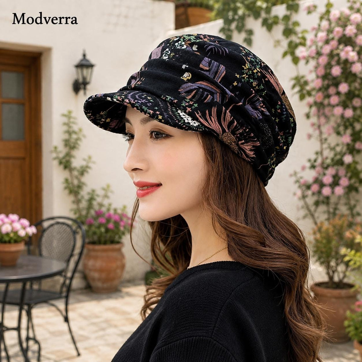 Women's Floral Cap with Ear Flaps, Warm Foldable Peaked Hat, Ethnic Print Short Brim Hat, Cozy Cold Weather Gift