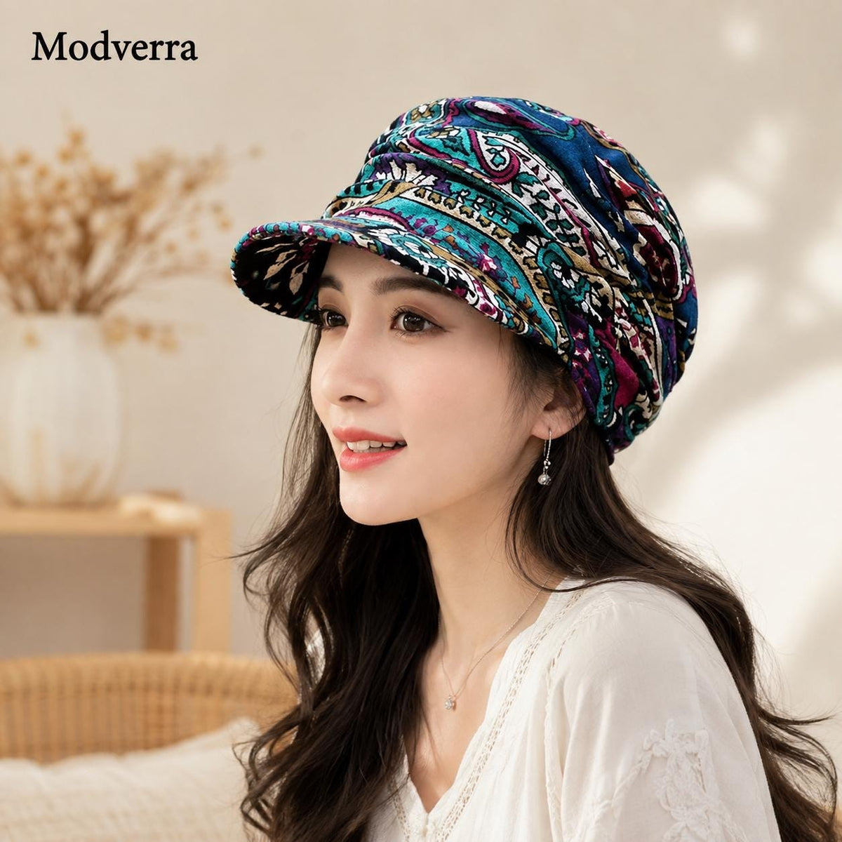 Women's Floral Cap with Ear Flaps, Warm Foldable Peaked Hat, Ethnic Print Short Brim Hat, Cozy Cold Weather Gift