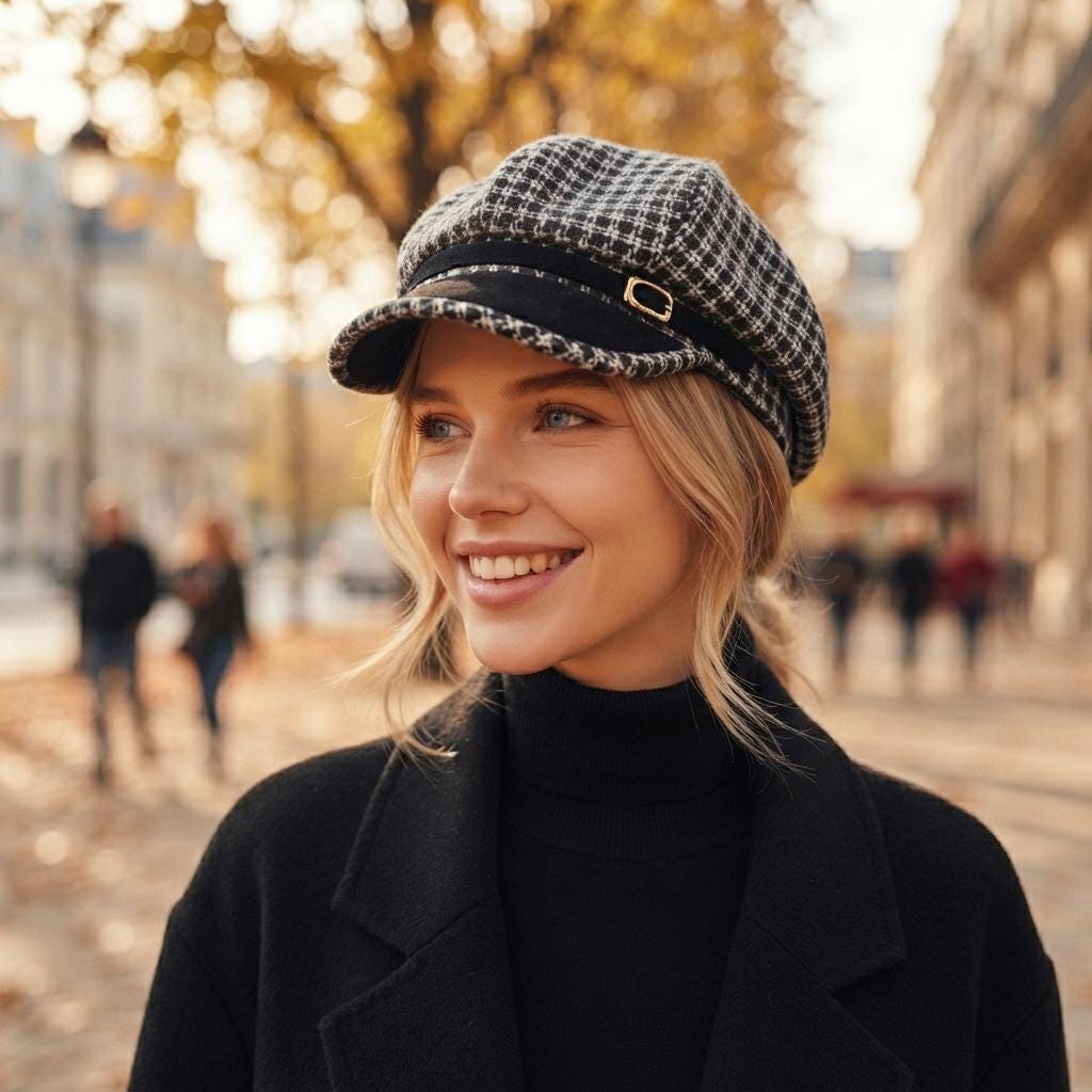 Women Vintage Plaid Octagonal Newsboy Cap, British Style Adjustable Foldable Warm Windproof Fall Winter Ladies Hat