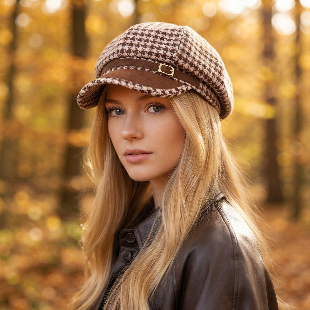 Women Vintage Plaid Octagonal Newsboy Cap, British Style Adjustable Foldable Warm Windproof Fall Winter Ladies Hat