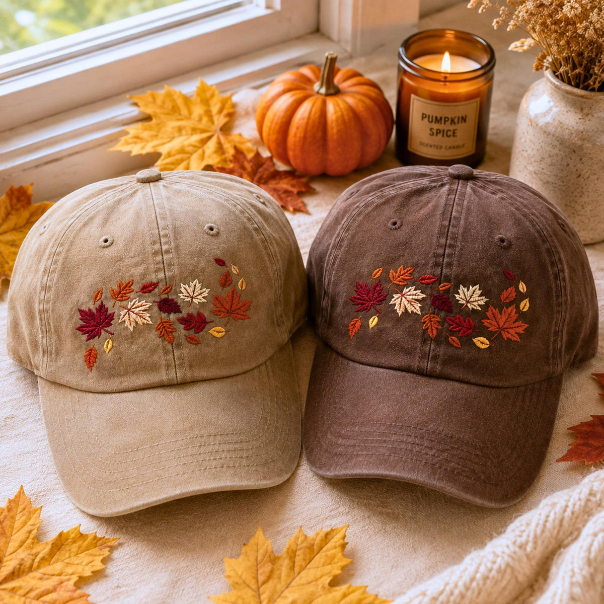 Embroidered Autumn Leaves Baseball Hat, Fall Washed Hat, Cotton Blend Cap