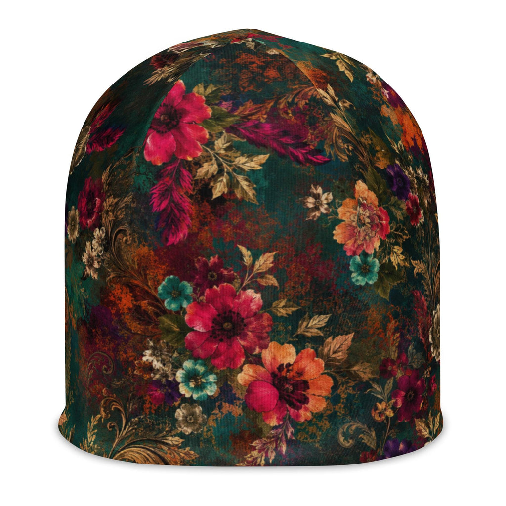 Women's Floral Beanie, Jewel Tone Boho Hat, Double Layer Winter Cap