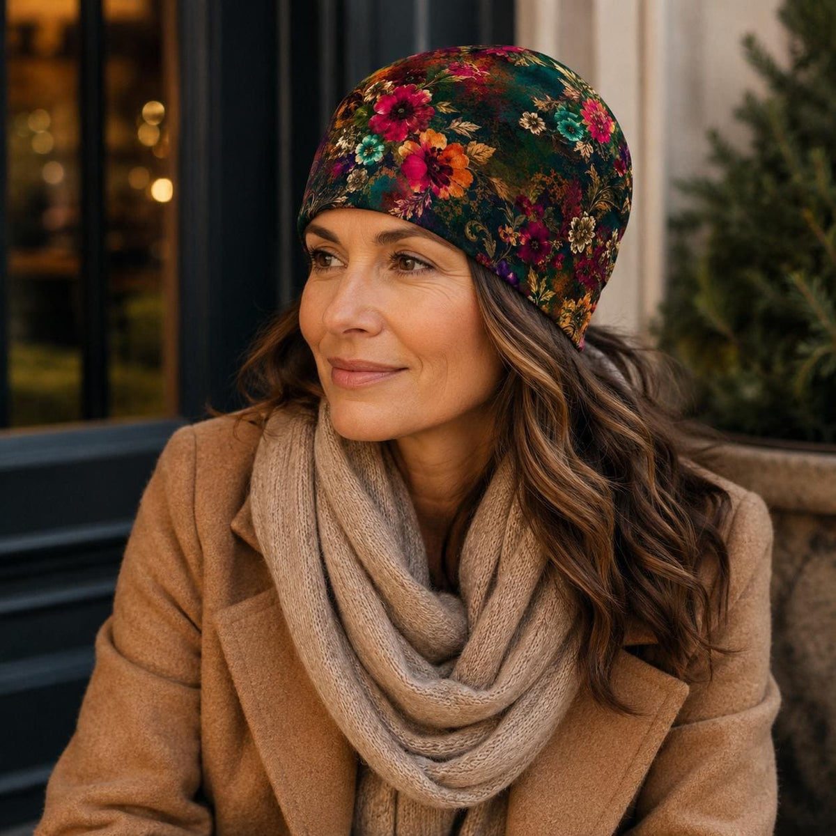 Women's Floral Beanie, Jewel Tone Boho Hat, Double Layer Winter Cap