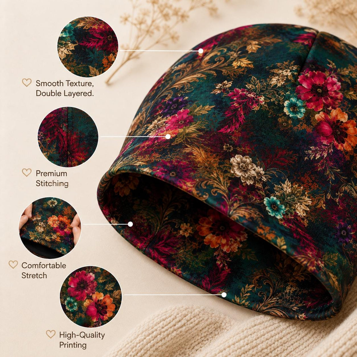 Women's Floral Beanie, Jewel Tone Boho Hat, Double Layer Winter Cap
