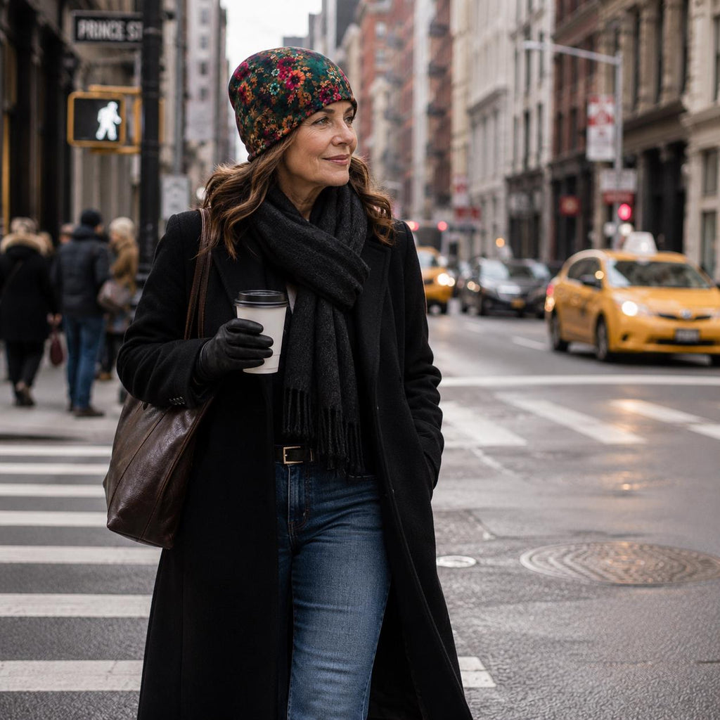 Women's Floral Beanie, Jewel Tone Boho Hat, Double Layer Winter Cap