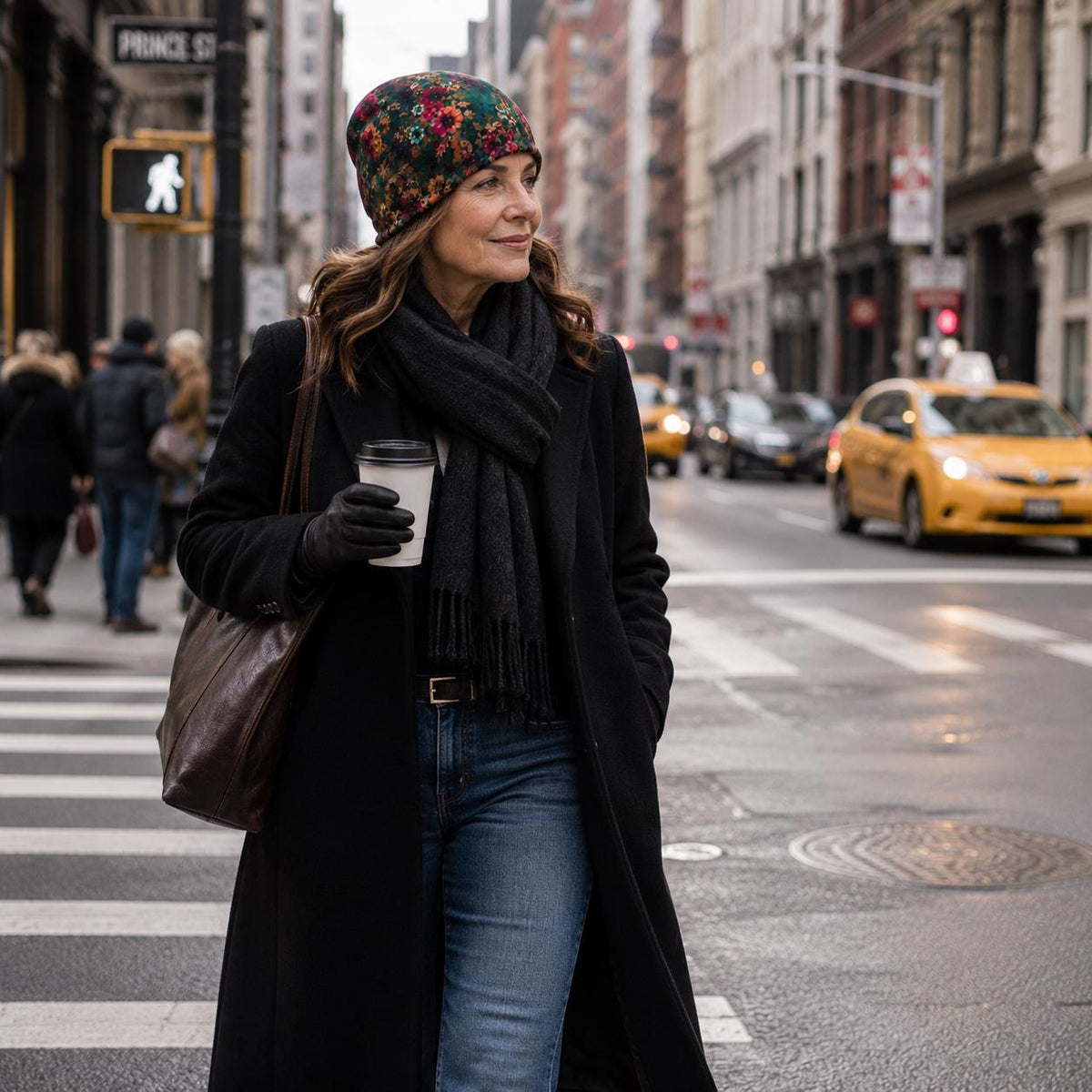 Women's Floral Beanie, Jewel Tone Boho Hat, Double Layer Winter Cap