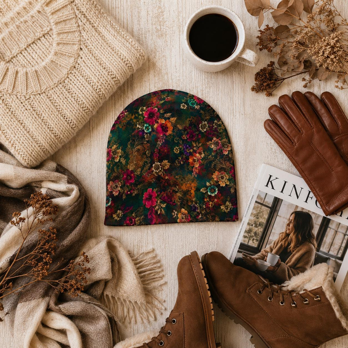 Women's Floral Beanie, Jewel Tone Boho Hat, Double Layer Winter Cap