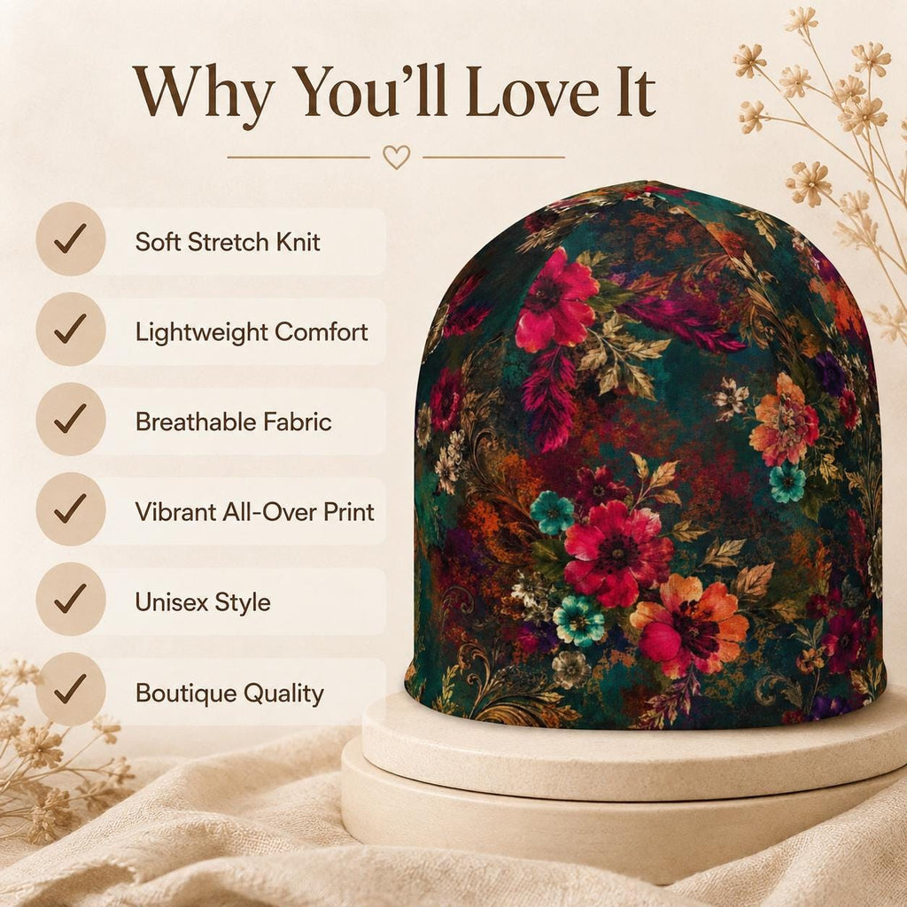 Women's Floral Beanie, Jewel Tone Boho Hat, Double Layer Winter Cap