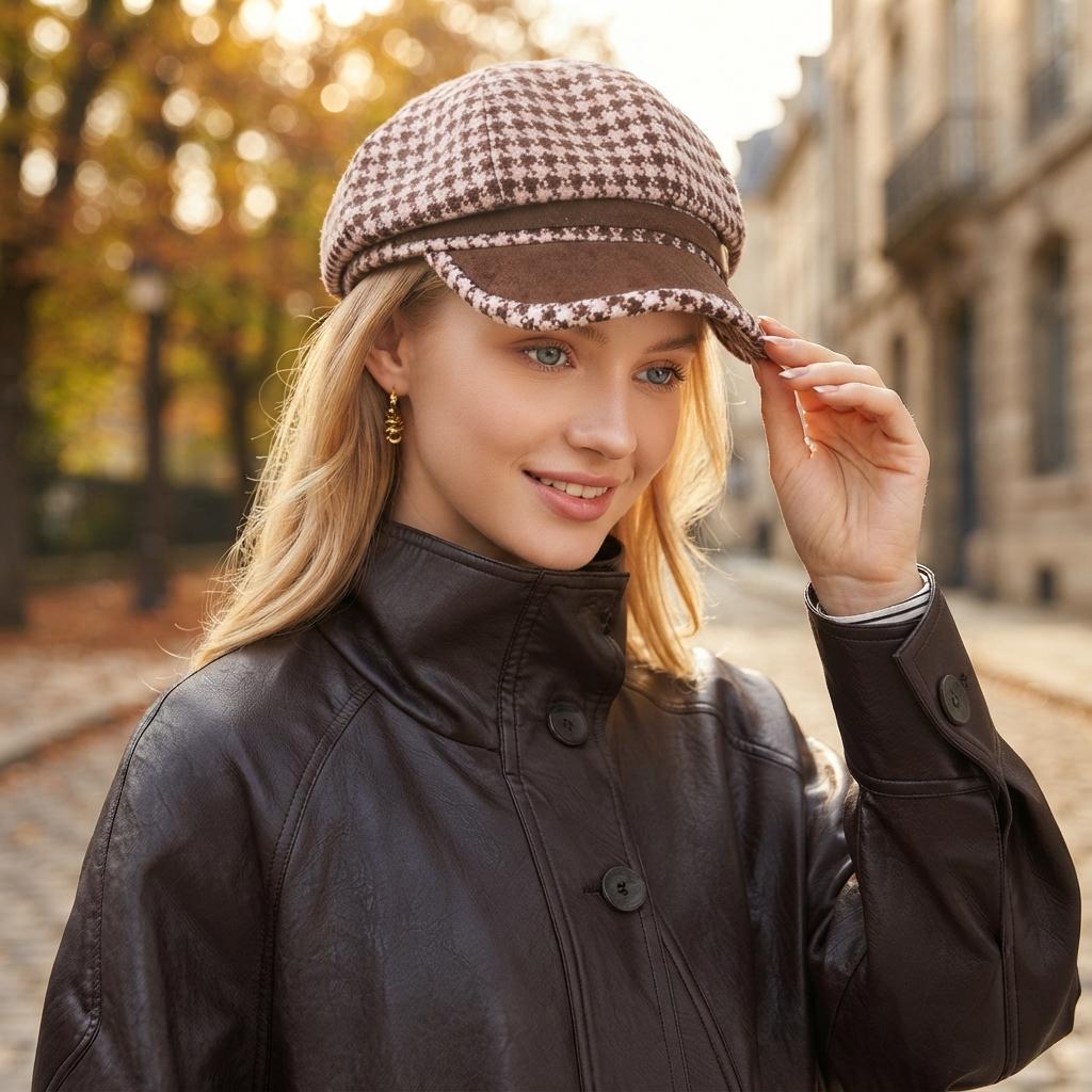 Women Vintage Plaid Octagonal Newsboy Cap, British Style Adjustable Foldable Warm Windproof Fall Winter Ladies Hat