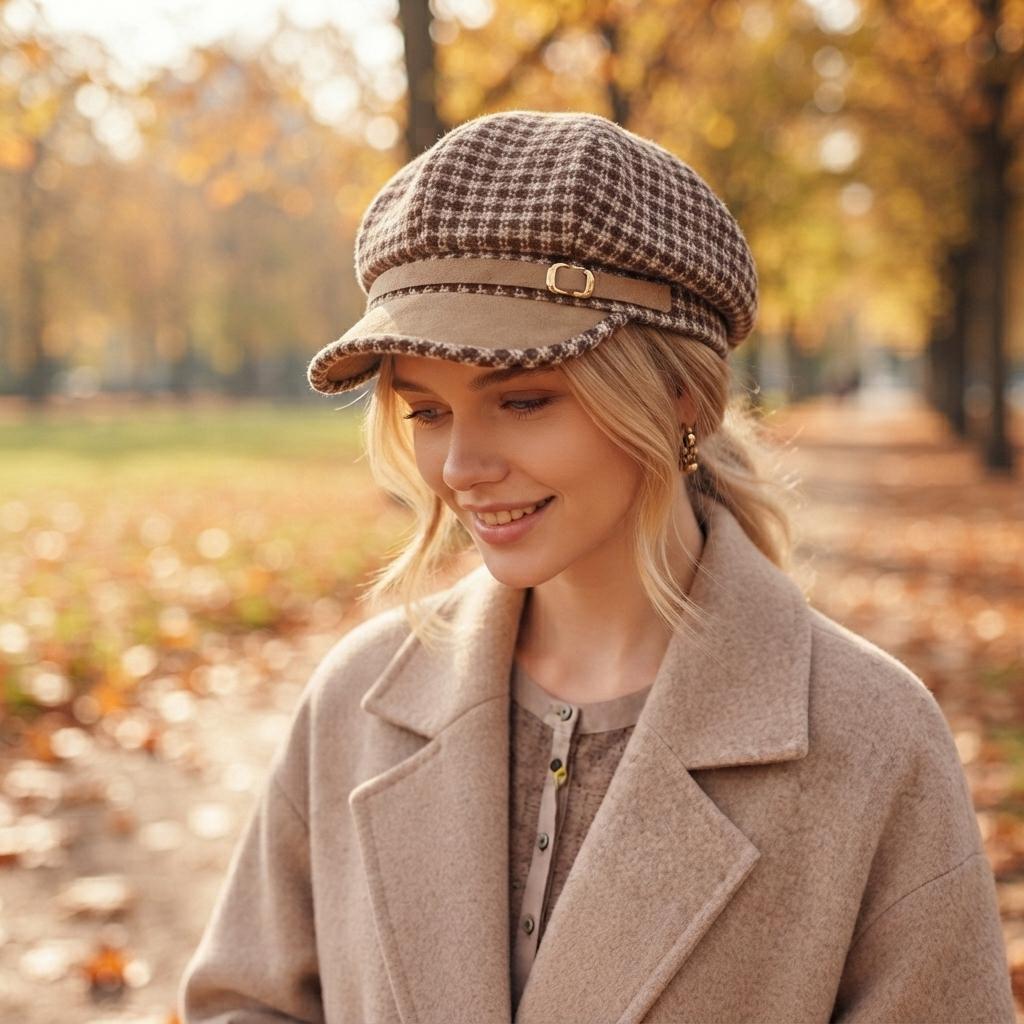 Women Vintage Plaid Octagonal Newsboy Cap, British Style Adjustable Foldable Warm Windproof Fall Winter Ladies Hat