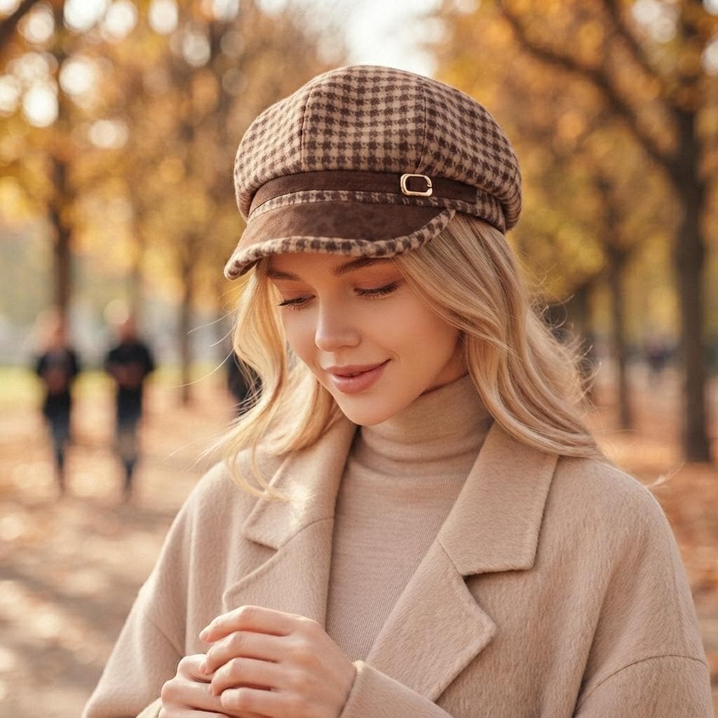 Women Vintage Plaid Octagonal Newsboy Cap, British Style Adjustable Foldable Warm Windproof Fall Winter Ladies Hat