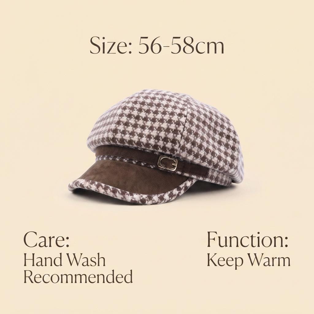 Women Vintage Plaid Octagonal Newsboy Cap, British Style Adjustable Foldable Warm Windproof Fall Winter Ladies Hat