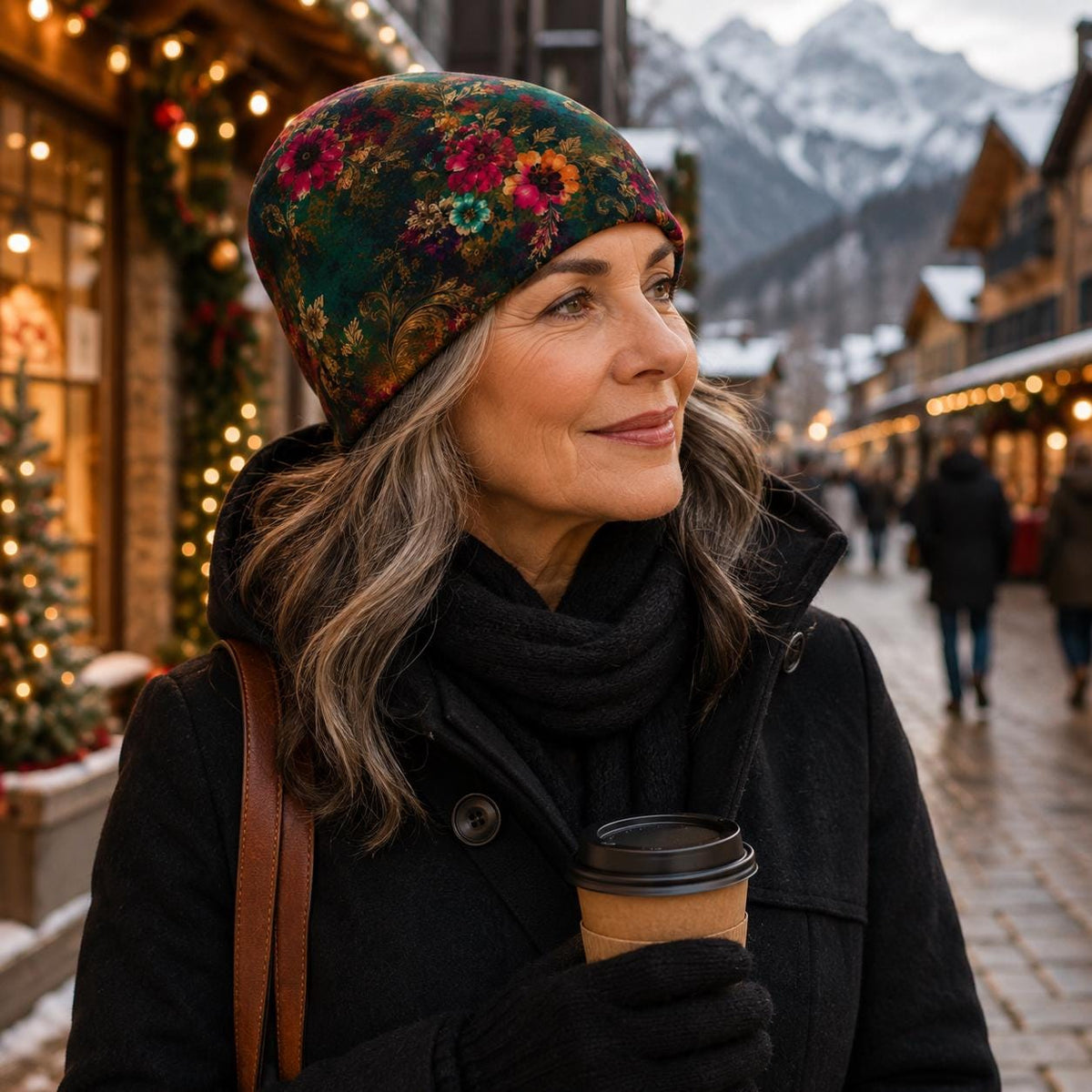 Women's Floral Beanie, Jewel Tone Boho Hat, Double Layer Winter Cap