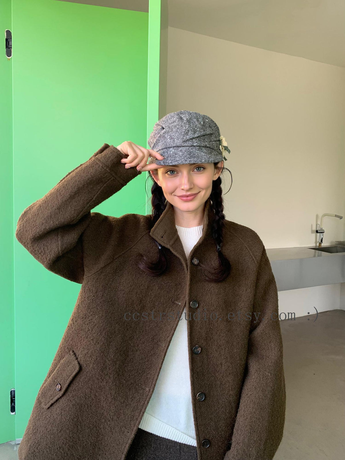Gray Wool Newsboy Cap, Floral Appliqué, Adjustable Winter Hat