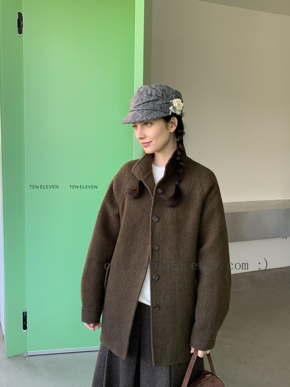Gray Wool Newsboy Cap, Floral Appliqué, Adjustable Winter Hat