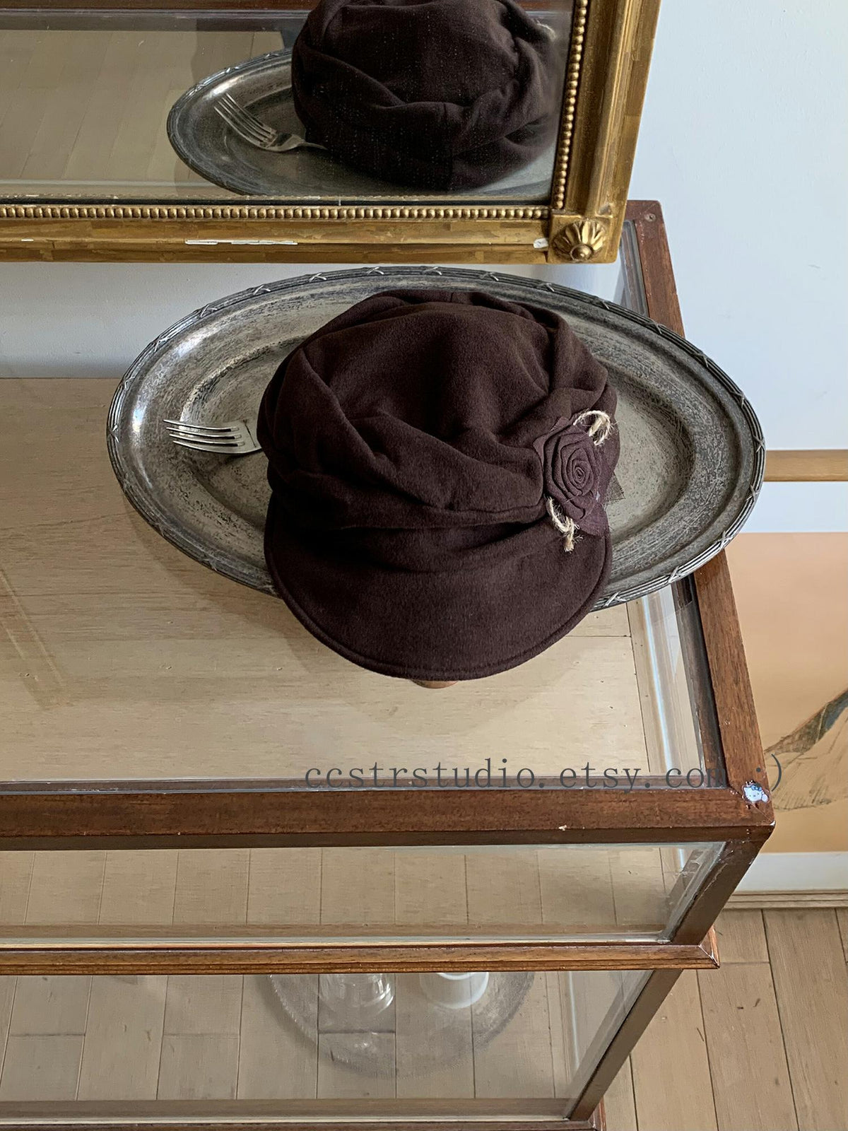 Gray Wool Newsboy Cap, Floral Appliqué, Adjustable Winter Hat