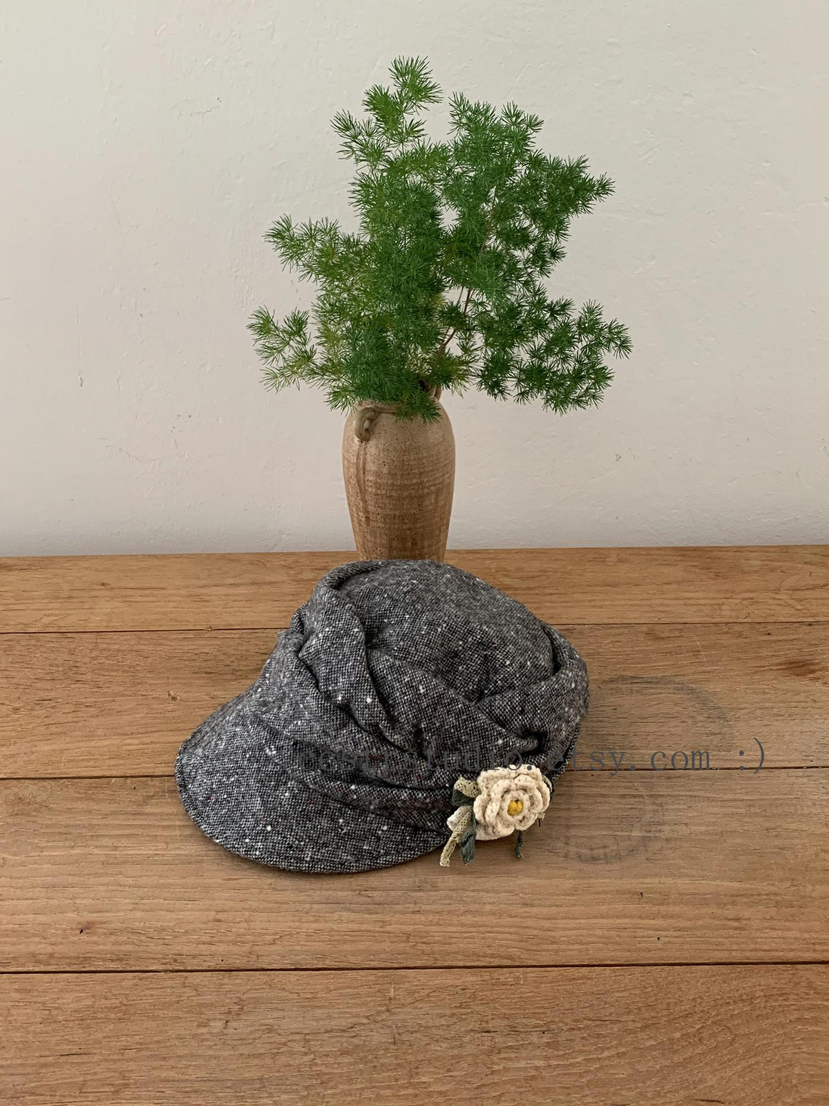 Gray Wool Newsboy Cap, Floral Appliqué, Adjustable Winter Hat