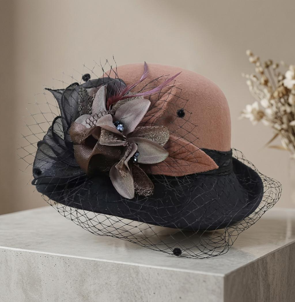Wool Bucket Hat Women, Vintage Fall Winter Basin Hat, Mesh Flower Rolled Brim Fisherman Hat, Warm Knit Cloche Hat, Retro Winter Accessory
