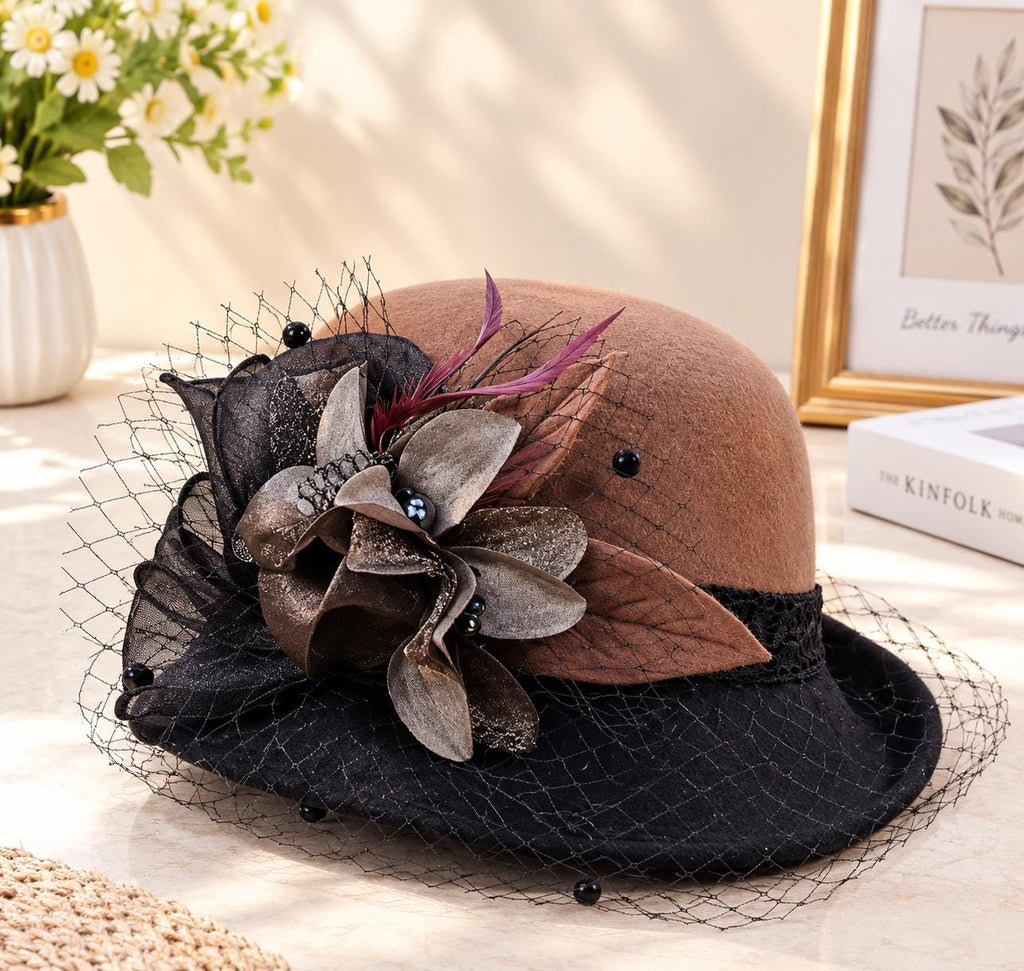 Wool Bucket Hat Women, Vintage Fall Winter Basin Hat, Mesh Flower Rolled Brim Fisherman Hat, Warm Knit Cloche Hat, Retro Winter Accessory